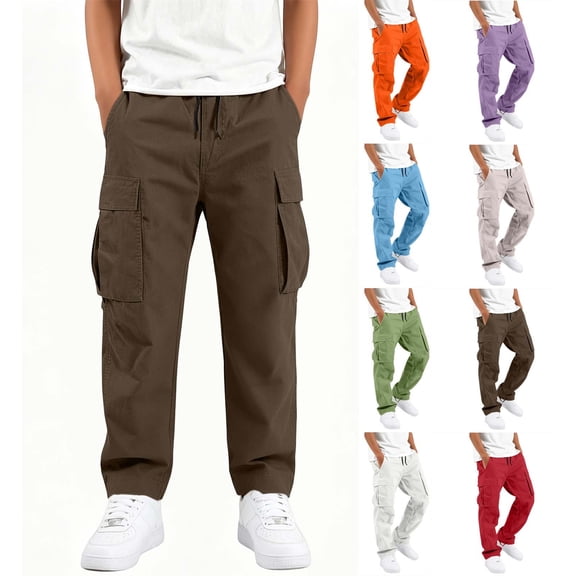 WAVSUF Boys Straight Cargo Pants Skinny Fit with Pockets Elastic Waist Fall Working Casual Pants Brown 7-8