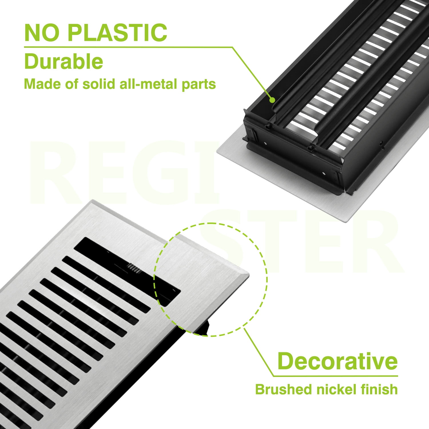 Naiture Stainless Steel Floor Register, Heavy Duty Rust-Resistant Floor Vent Cover, Metal Damper or Lever, Modern Style Grille Floor Vent, Duct Size 4" X 12", Brushed Nickel Finish