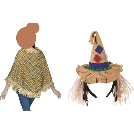Womens Cute Scarecrow Set Poncho and Headband Pointy Hat Patches Costume