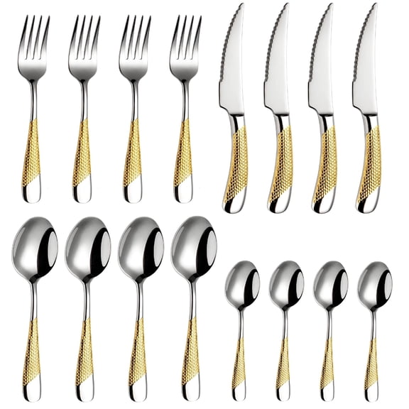 ACDANC 2026 New 16 Piece Hammered Silver Gold Set, Modern Golden 18/10 Stainless Steel Flatware Set, Kitchen Utensil Set Service for 4, Tableware Set, Cutlery Set, Knives Forks Spoons Set
