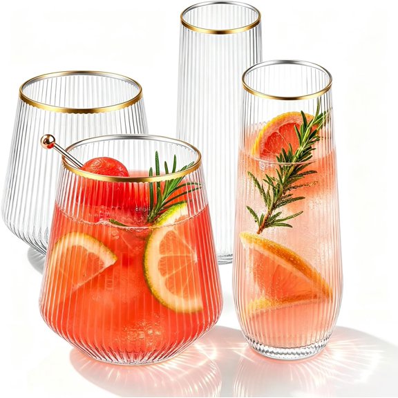 48 Pack Ribbed Plastic Champagne Flutes & Disposable Wine Glasses Set | 24 9oz Gold Rimmed Champagne Flutes & 24 12oz Wine Cups, Ribbed Cocktail Glasses for Wedding Party Mimosa Bar Set