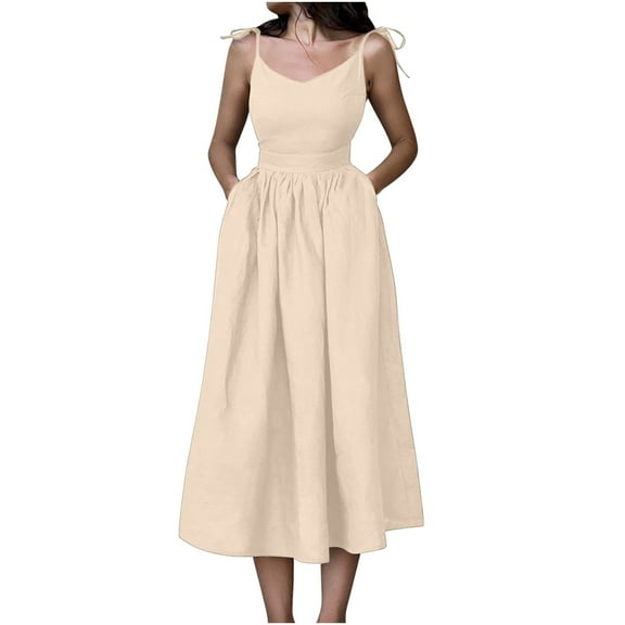 qolati Flowy Dresses for Women 2024 Elegant Spaghetti Strap Midi Dress Pleated Swing Sleeveless Low Cut Cocktail Party Prom Dresses