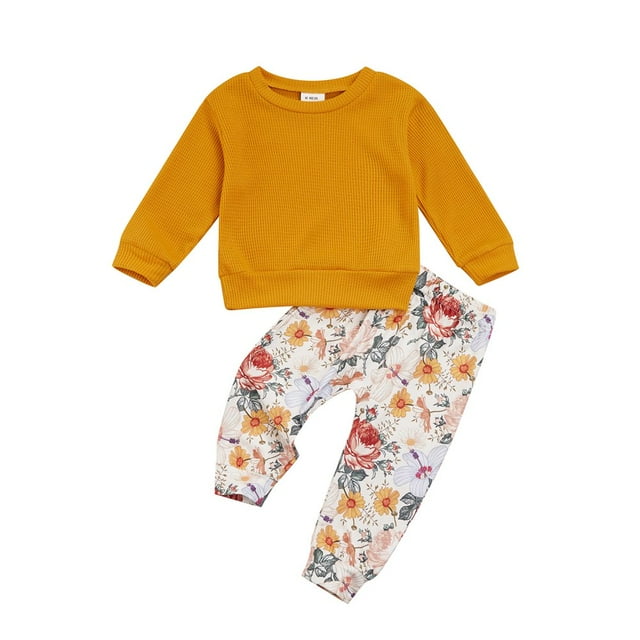 Baby Girls Long Sleeve Solid Color Waffle Pullover Tops+Long Pants Flower Printed