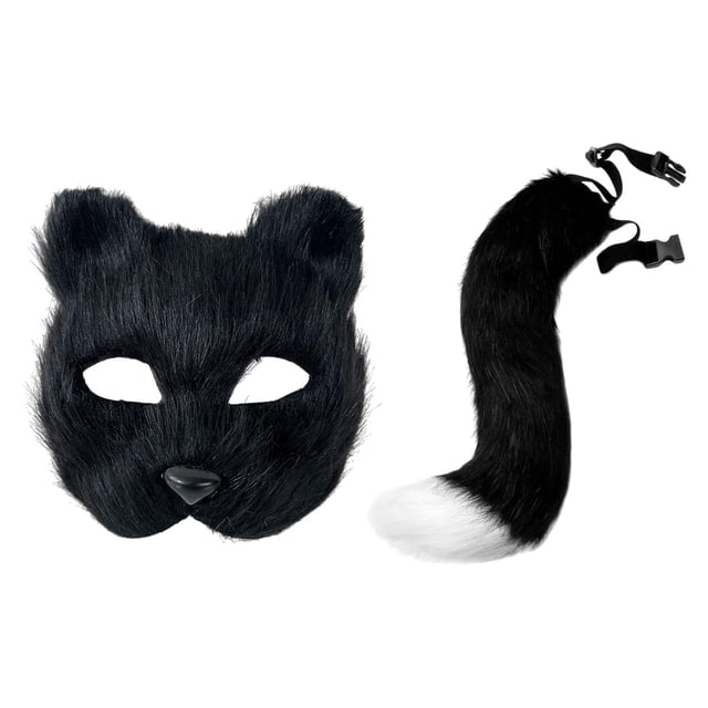 Conjunto de accesorios de cola de máscara de gato falso, accesorios de disfraces de cosplay de animales para espectáculos escénicos Negro