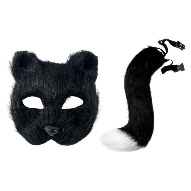 Conjunto de accesorios de cola de máscara de gato falso, accesorios de disfraces de cosplay de animales para espectáculos escénicos Negro