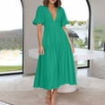 thumbnail image 4 of Women's Deep V Neck Puff Short Sleeve Tiered Dress Elastic High Waist Flowy A Line Midi Dresses, 4 of 7