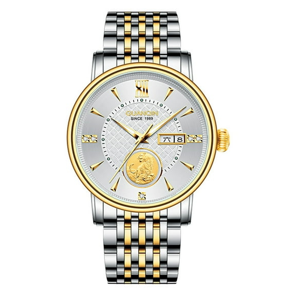 GUANQIN Relief Auspicious Tiger Inlaid Diamond Dial Automatic Self-Winding Mechanical Men Wrist Watch Business Stainless Steel Sapphire Crystal Waterproof Clock Luminous Day Date