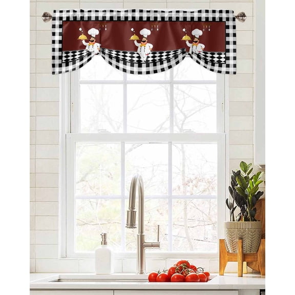 Tie Up Valance Curtain for Kitchen, Cartoon Chef Gourmet on Brown Rod Pocket Short Curtains Adjustable Tie-Up Shade Valances, Black White Checkered Window Treatment for Bathroom Living Room Bedroom