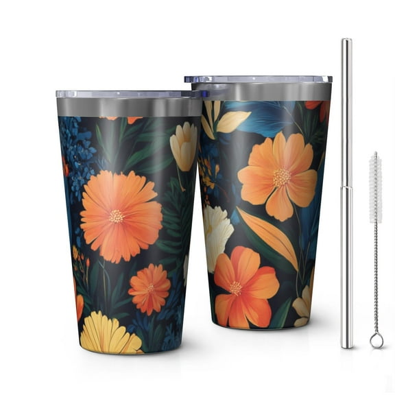 16oz Tumblers Floral Pattern Stainless Steel Vacuum Insulated Double Wall Travel Tumbler Cups Mug with Lid and Straw,Cleaning Brush for Coffee,Tea