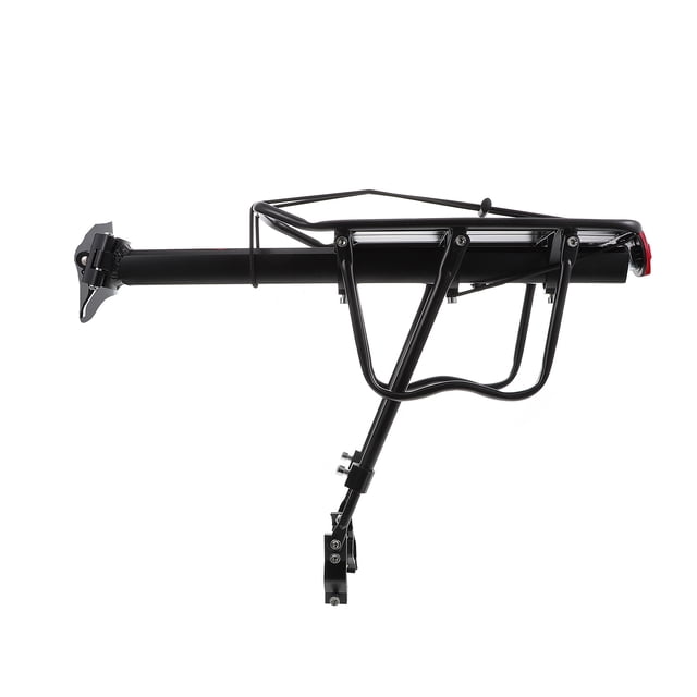 bicicleta trasera rack mountain bike tail tall de carga bicicleta desmontable rack de almacenamiento trasero Negro con estructura tubular de aleación de aluminio, vista lateral; parrilla superior plana y soportes triangulares, montaje por abrazadera en tija y patilla inferior, tamaño aprox. 52.5x35.5x14.2 cm, acabado negro mate, diseñado para bicicletas plegables y de montaña con freno de disco o V, capacidad de carga reforzada y uso común para sujetar alforjas pequeñas.