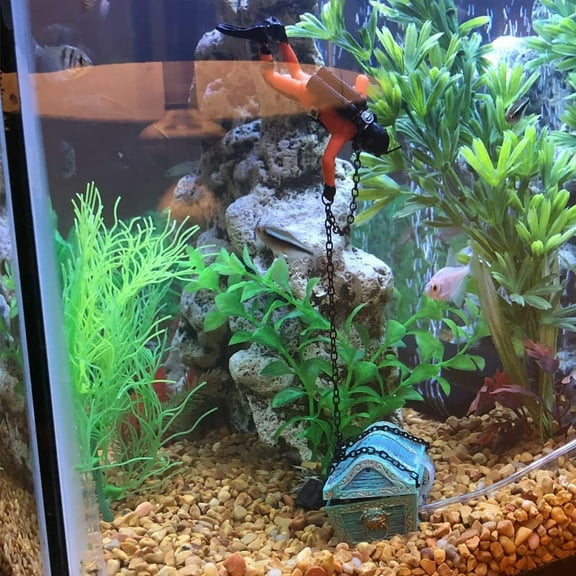 CxhicLuv Treasure Chest Diver's Aquarium Decoration, Pneumatic Treasure Chest with Diver for Fish Tank, Animated Water Tank Ornament, Christmas Aquarium Decor & Holiday Fish Tank Landscaping