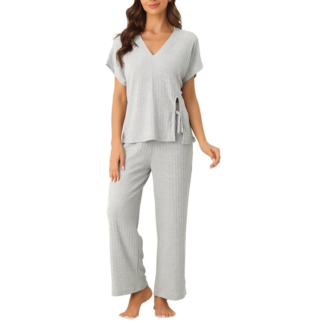 INSPIRE CHIC Women's Lounge Outfits Ribbed Knit Short Sleeve Tops with Pants Soft Casual Pajama Sets Gray M