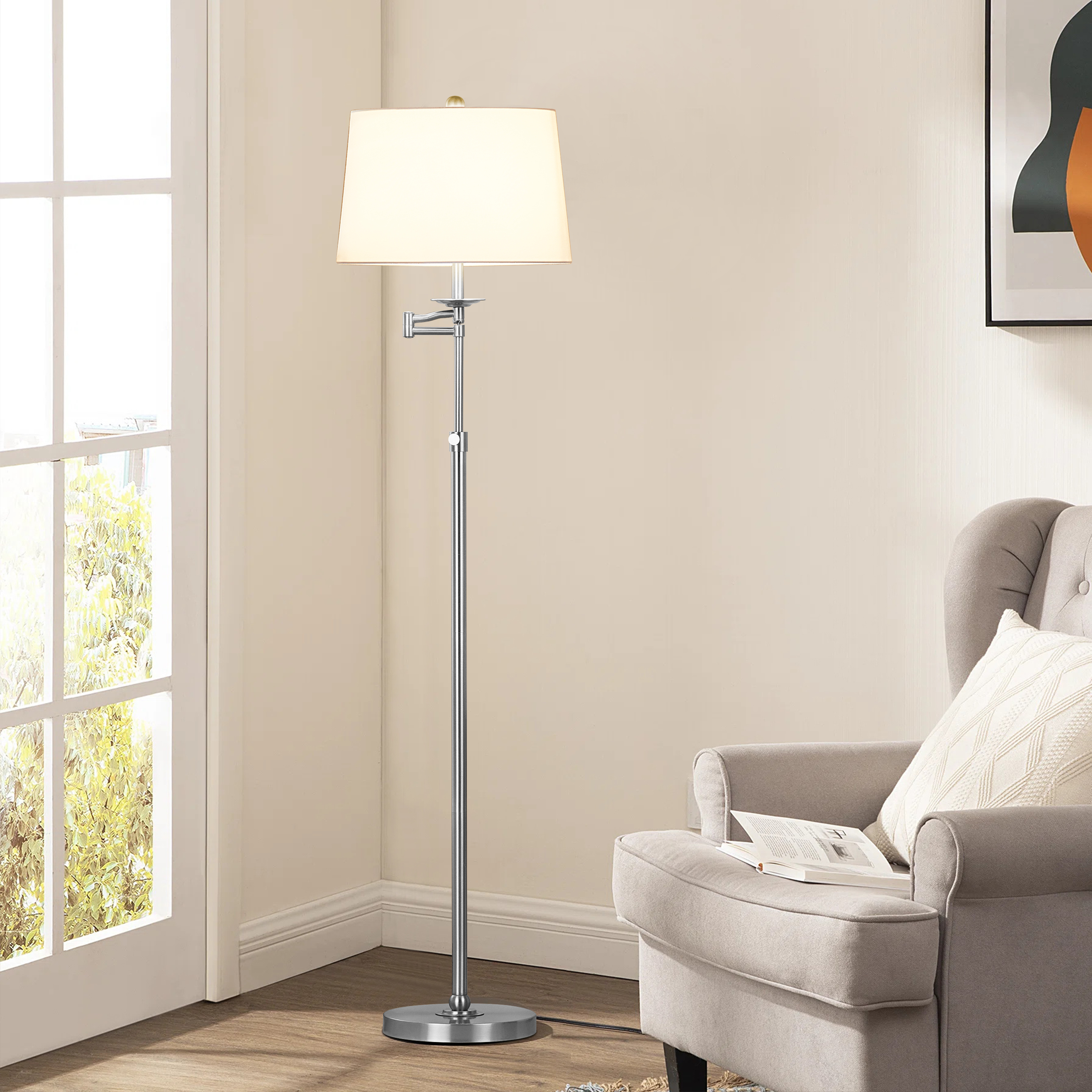 KAWOTI 64.5'' Adjustable Floor Lamp with Swing Arm, 3-Way Dimmable Standing Floor Lamp for Living Room Bedroom (Brushed Nickel)