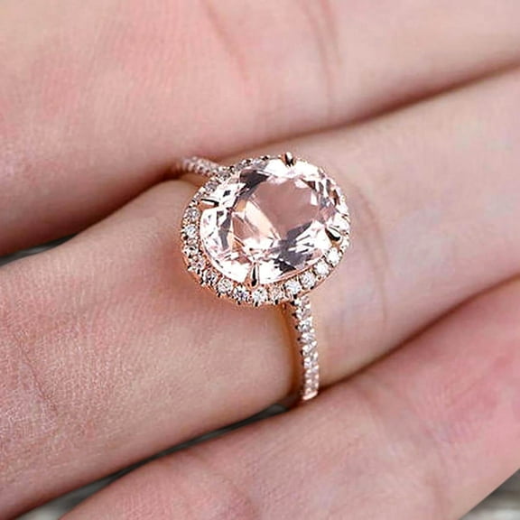 Oval Cut Pink Morganite Engagement Ring 1.50 Carat Solid 10k Rose Gold Wedding Ring Promise Ring for Bride Halo Design