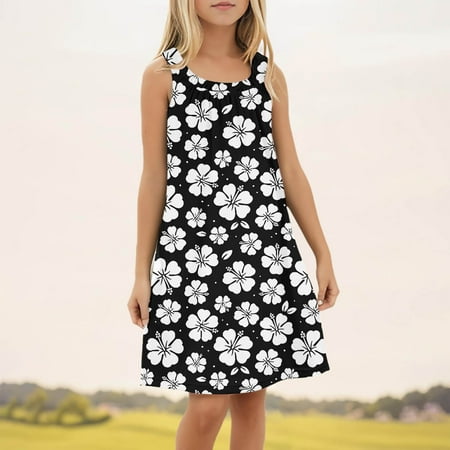Ulitacool 9-10 Years Summer Dress For Girls Beach Swim Cover Up Sleeveless Tank Dresses Fashion Girl Clothes Black
