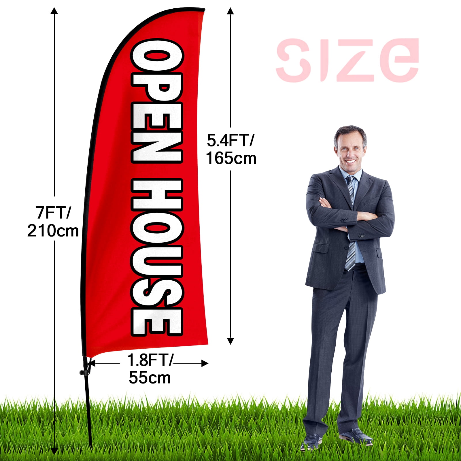 QSUM Open House Sign Feather Flag with Pole Kit,7FT Open House Decoration Display, Open House Business Sign,Open House Swooper Flag（red-6）