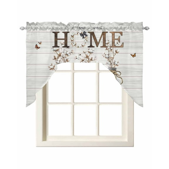 Cotton Floral Kitchen Swag Valances for Windows, Farmhouse Botanical Wooden Grain Swag Valances Curtains for Living Room, Rod Pocket Window Treatments for Bathroom, Bedroom, Cafe, 56"x36"