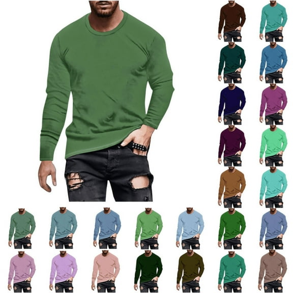 Horkkom Long Sleeve T Shirt Men Plus Size Solid Color Crewneck Tee Shirts Casual Comfy Lightweight Undershirts, Gifts for Men