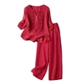 thumbnail image 2 of Womens 2 Piece Sets Cotton Linen Boho Embroidered Tops Wide Leg Palazzo Pants Matching Summer Casual Gauze Outfits,Wine,M, 2 of 8