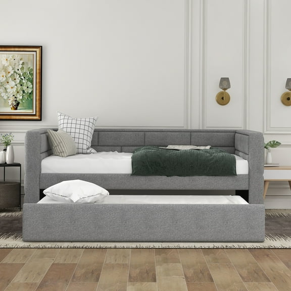 Upholstered Daybed Twin Size Tufted Sofa Bed with Trundle, Trundle Daybed with Padded Back Twin Size, Wood Slat Support No Box Spring Needed