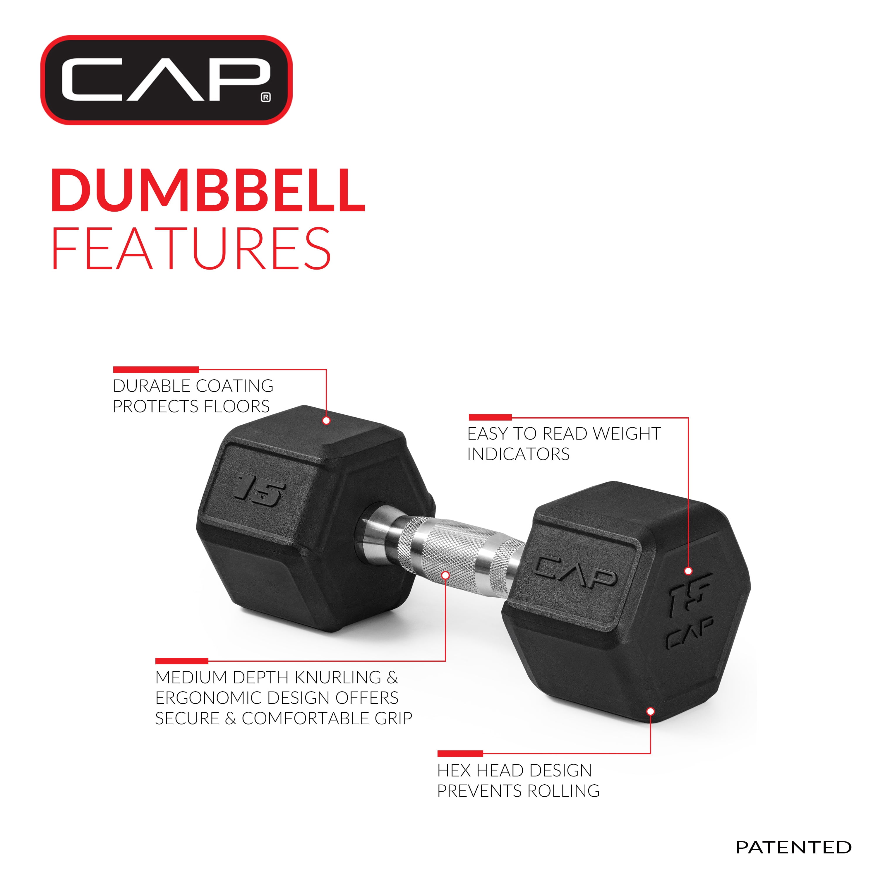 CAP 15 lb Premium Rubber Hex Dumbbell Pair, Chrome Handle, Home Gym Hand Weights