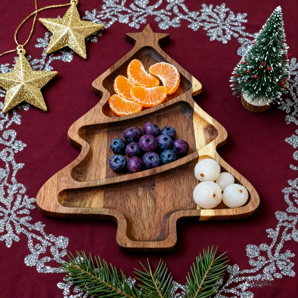 Bandeja de madera para árbol de Navidad | Bandeja de servir para aperitivos y postres decorativos festivos | Madera marrón reutilizable | 13"x9" | Centro de mesa de decoración de fiestas navideñas |