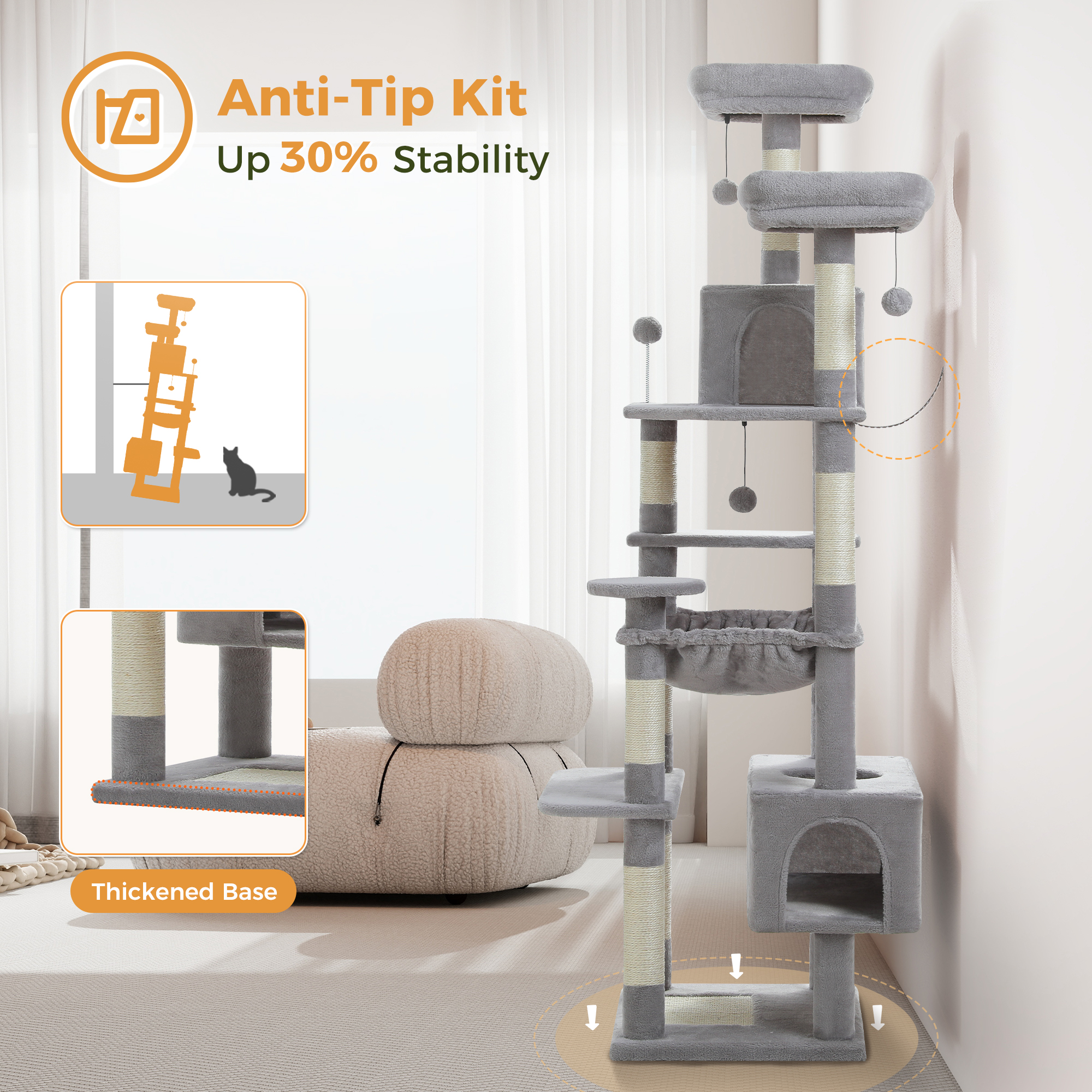 Pawz Road 73" Multi-Level Cat Tree with Sisal Posts, Gray photo 8
