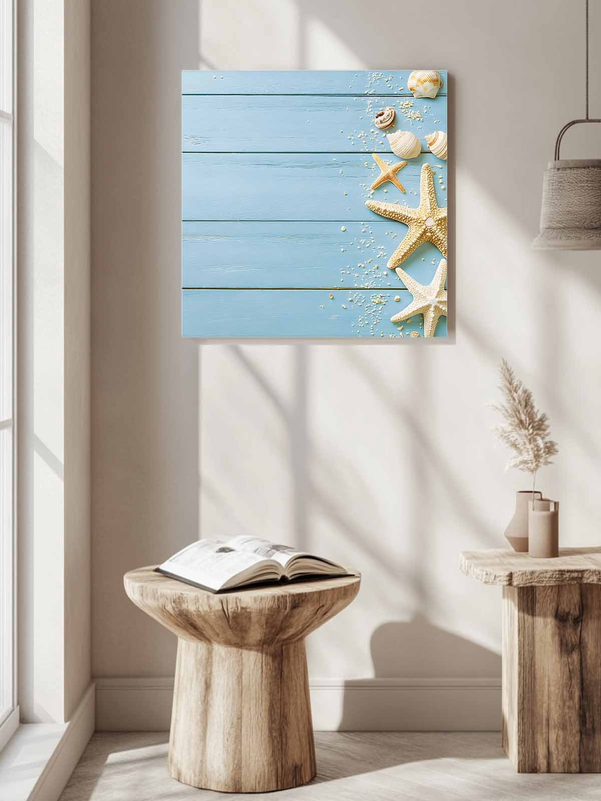 Beach Light Blue Canvas Wall Art, Rustic Ocean Starfish Seashell Wooden Framed Wall Decor Modern Artwork Prints Painting for Living Room, Bedroom, Kitchen & Cafe Decor 16x16 Inch