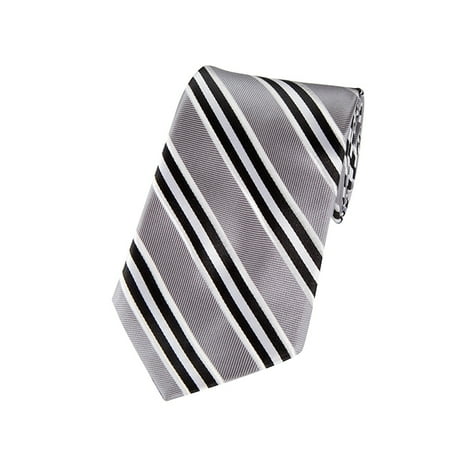 White Silver Stripe - Black, Silver And White Narrow Striped X-Long Woven Necktie
