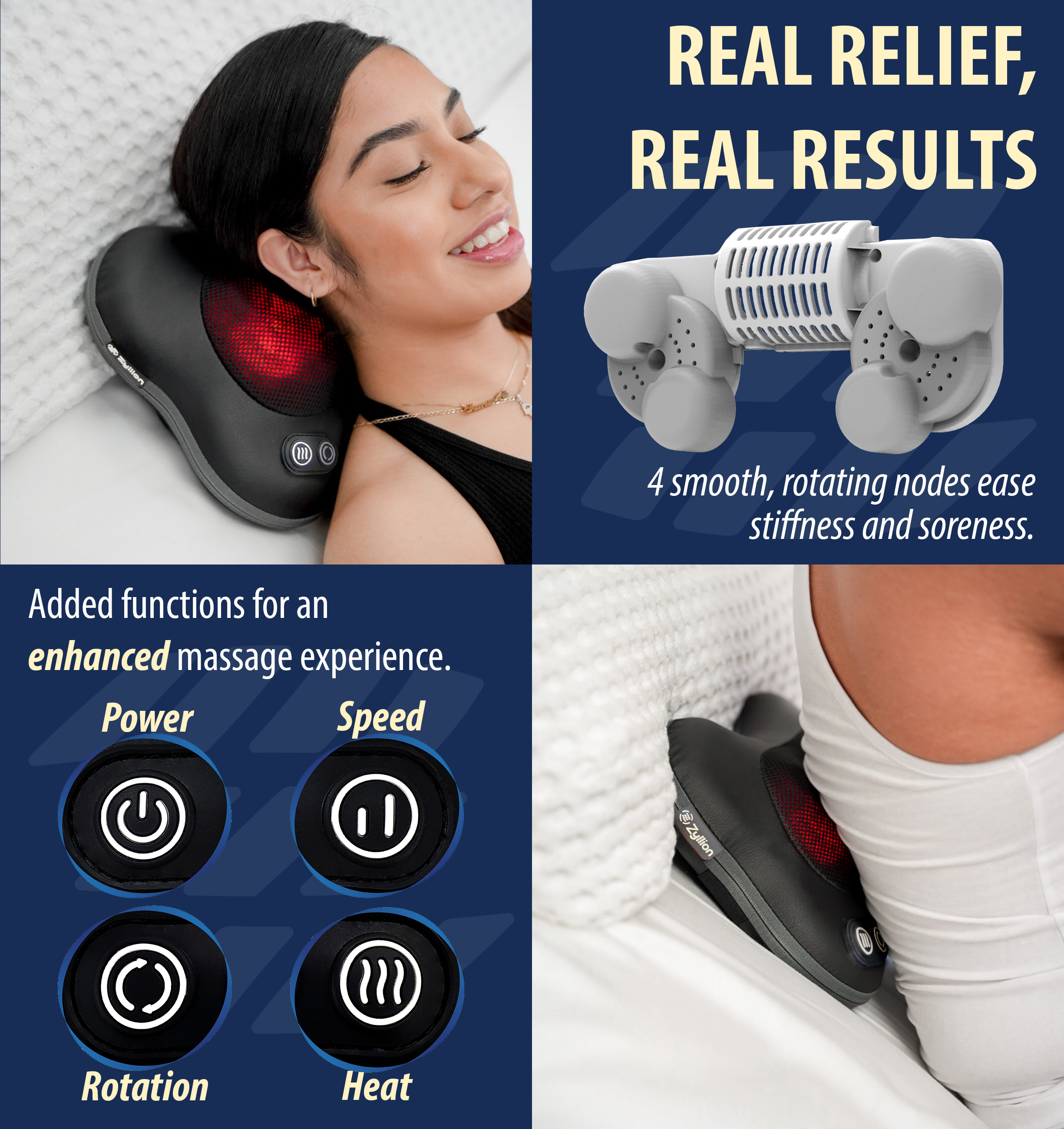 Zyllion Rechargeable Shiatsu Back & Neck Massager 3D Kneading 2-Speed Cordless Massage Pillow with Heat for Muscle Pain, Black