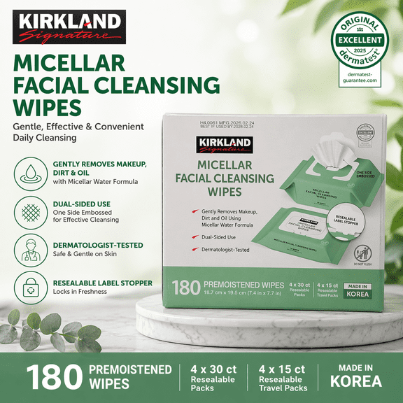 Kirkland Signature Micellar Facial Cleansing Wipes, 180 Count, Pre-Moistened, Dual-Sided Makeup Remover Wipes, Travel-Friendly Packs