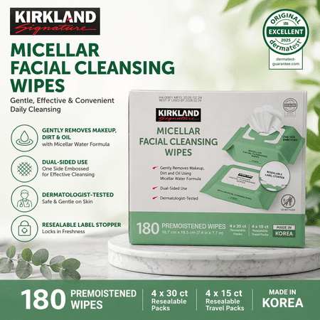 Kirkland Signature Micellar Facial Cleansing Wipes, 180 Count, Pre-Moistened, Dual-Sided Makeup Remover Wipes, Travel-Friendly Packs