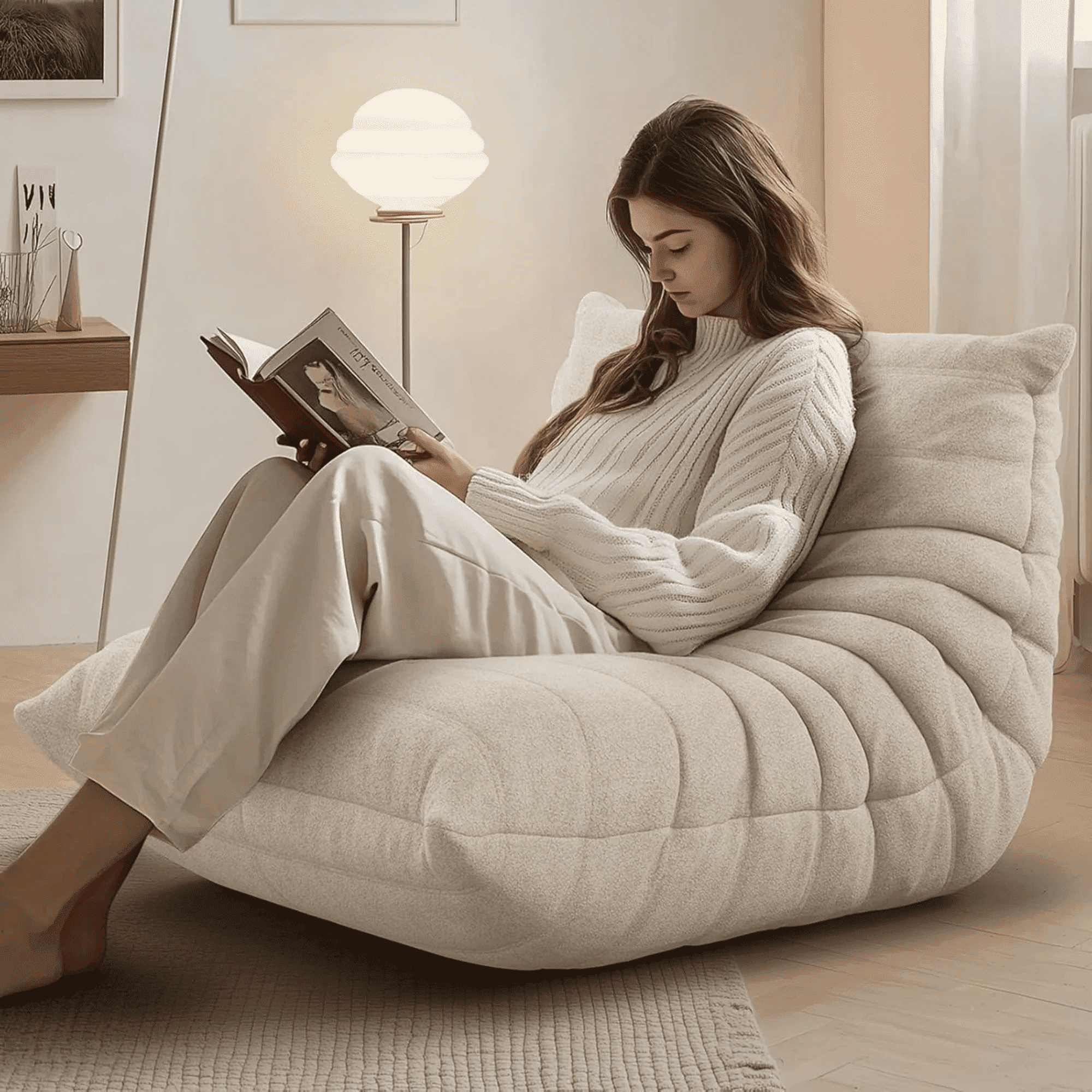 Raffle Pinker Bean Bag Chair for Adults, Comfy Fireside Chair Bean Bag Sofa with Memory Foam, Large Lazy Sofa for Living Room Bedroom Office, White