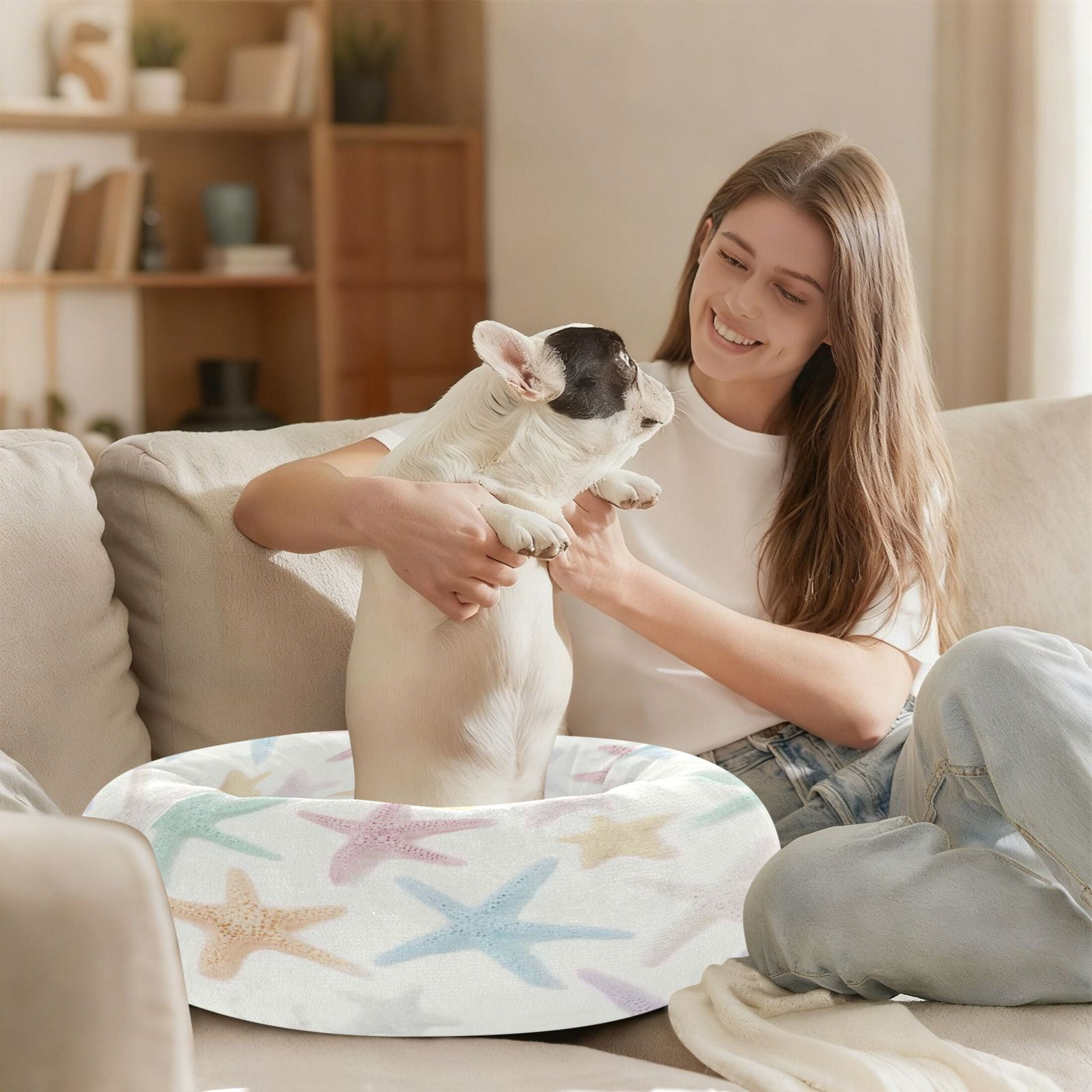Iauyy Pet Couch Donut Cat Bed for Indoor Cats/Small Dogs Washable & Machine with Non-slip Bottom Calming Cat Furniture, Dreaming Sea Star (M)