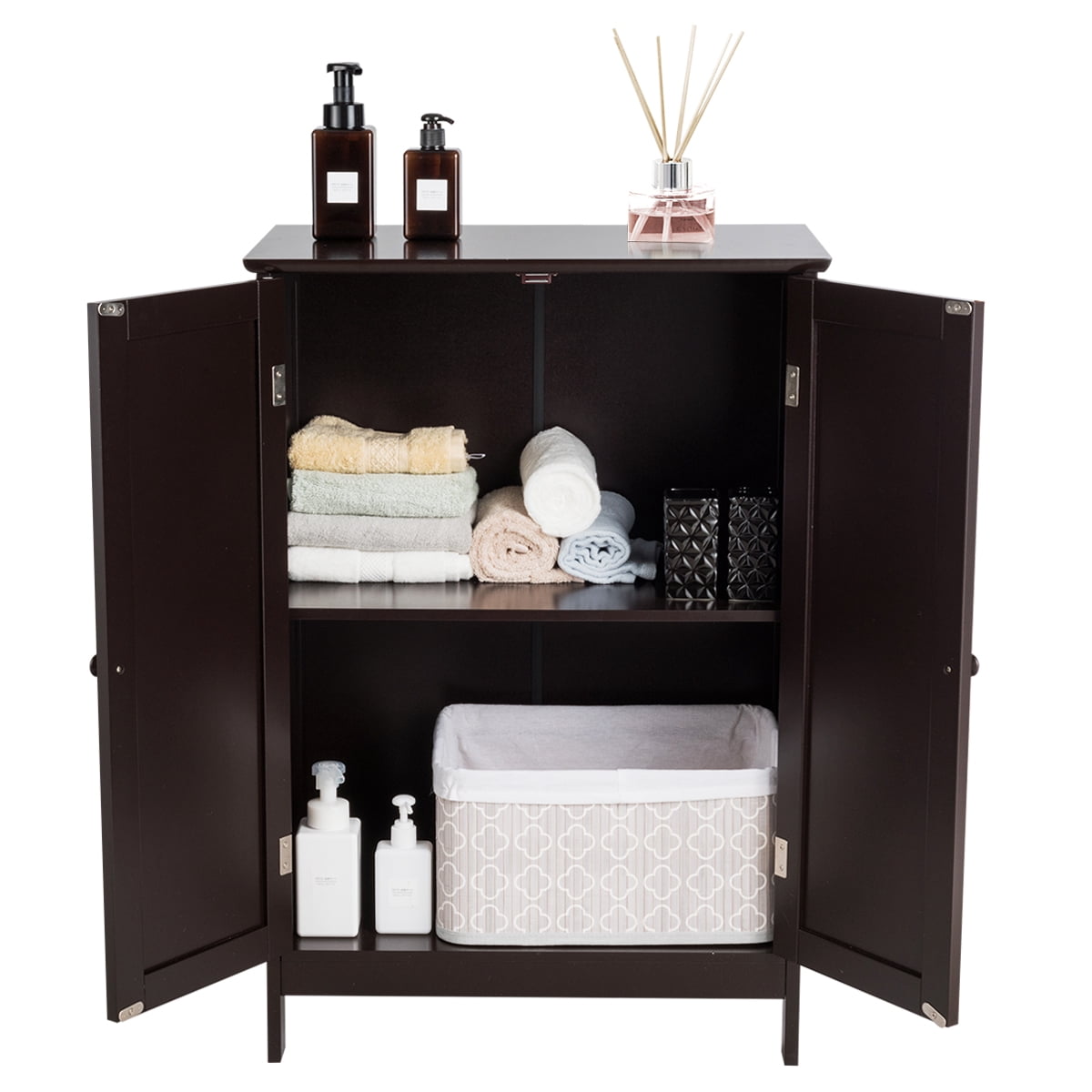 Topbuy Bathroom Storage Cabinet with Double Doors Wooden Cupboard Shoe Cabinet Brown
