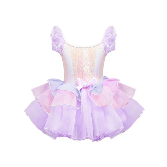 IEFIEL Kids Girls Ballet Dance Tutu Dress Gymnastics Leotard Ruffled Shoulder Sequins Ballerina Costume Light Purple 4