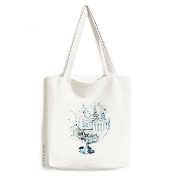 Globe London Eye Eiffel Tower Watercolor Tote Canvas Bag Shopping Satchel Casual Handbag