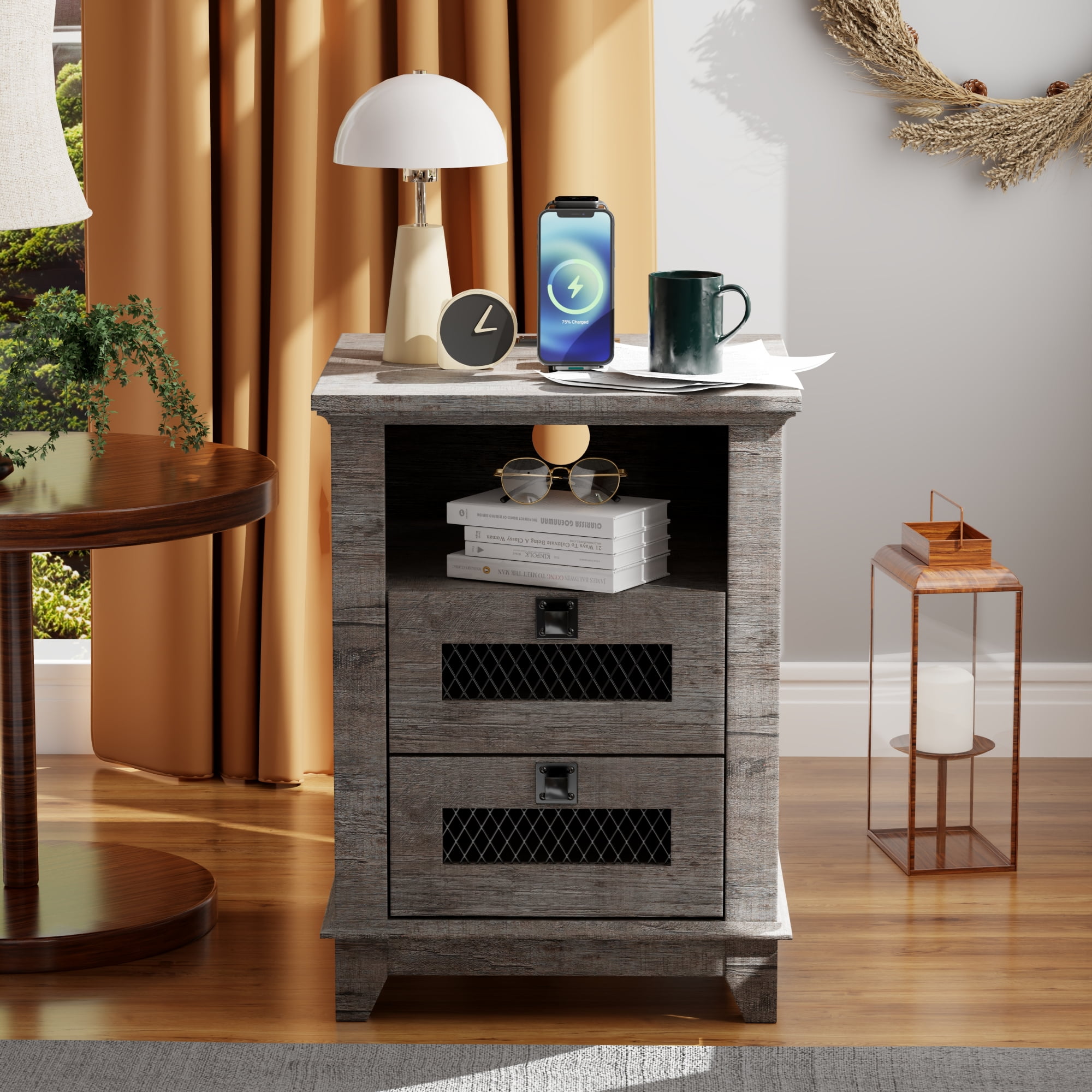 OKD 2-Drawer Wooden Nightstand with Charging Station for Living Room, Modern Square End Table, Light Rustic Oak