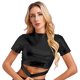 thumbnail image 3 of Blusa corta metalizada brillante para mujer, cuello alto, manga corta, corte ajustado, blusa de moda, camisola para fiesta, jazz, discoteca, rave, ropa de club, 3 of 5