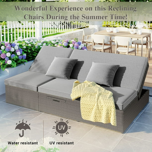 2 Person Patio Lounge Chair Outdoor Rattan Double Wicker Daybed Chaise Lounge Chair with Adjustable Backrest Wheels Cushion Patio Sofa for Garden Lawn Backyard Gray Walmart Business Supplies