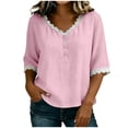 thumbnail image 2 of Otntypg Womens Linen Tops Elbow Length Sleeve Lace Trim Button V Neck T-shirt Dressy Casual Work Blouses Summer Outfits Beach Vacation Tunic Tees Shirt Pink XL, 2 of 7