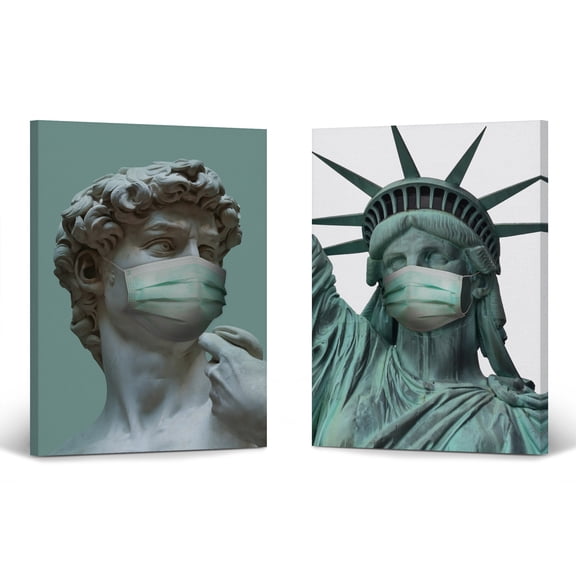 Smile Art Design Michelangelo's David Statue and Statue of Liberty Face Mask 2 PIECE SET Pandemic inspired Funny CANVAS Wall Art Print Paint Living Room Home Decor Made in USA 40x30