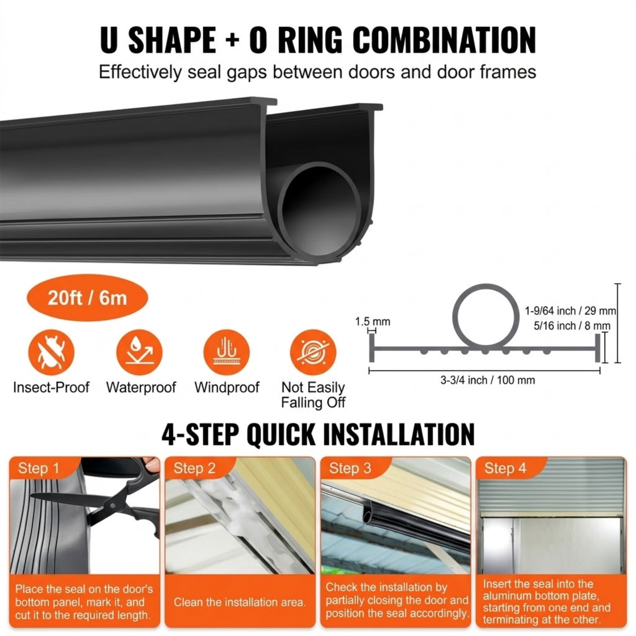 20 Ft Garage Door Bottom Seal Weather Stripping, Universal U-Shape and O-Ring Rubber Threshold with 5/16" T-Ends and 3 3/4" Width, Black