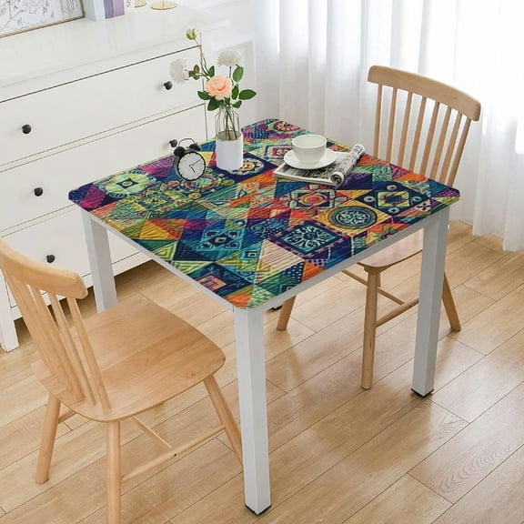 BANET Elastic Tablecloth Square Fits Square Tables, Waterproof Fitted Table Cloth, Polyester Wipeable Table Cover for Picnic Party White