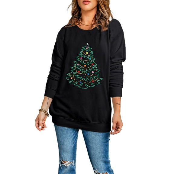 Women's Black Rhinestone Christmas Tree Graphic Pullover Sweatshirt | [ZhiHiMeRi] | (US 20-22)2XL