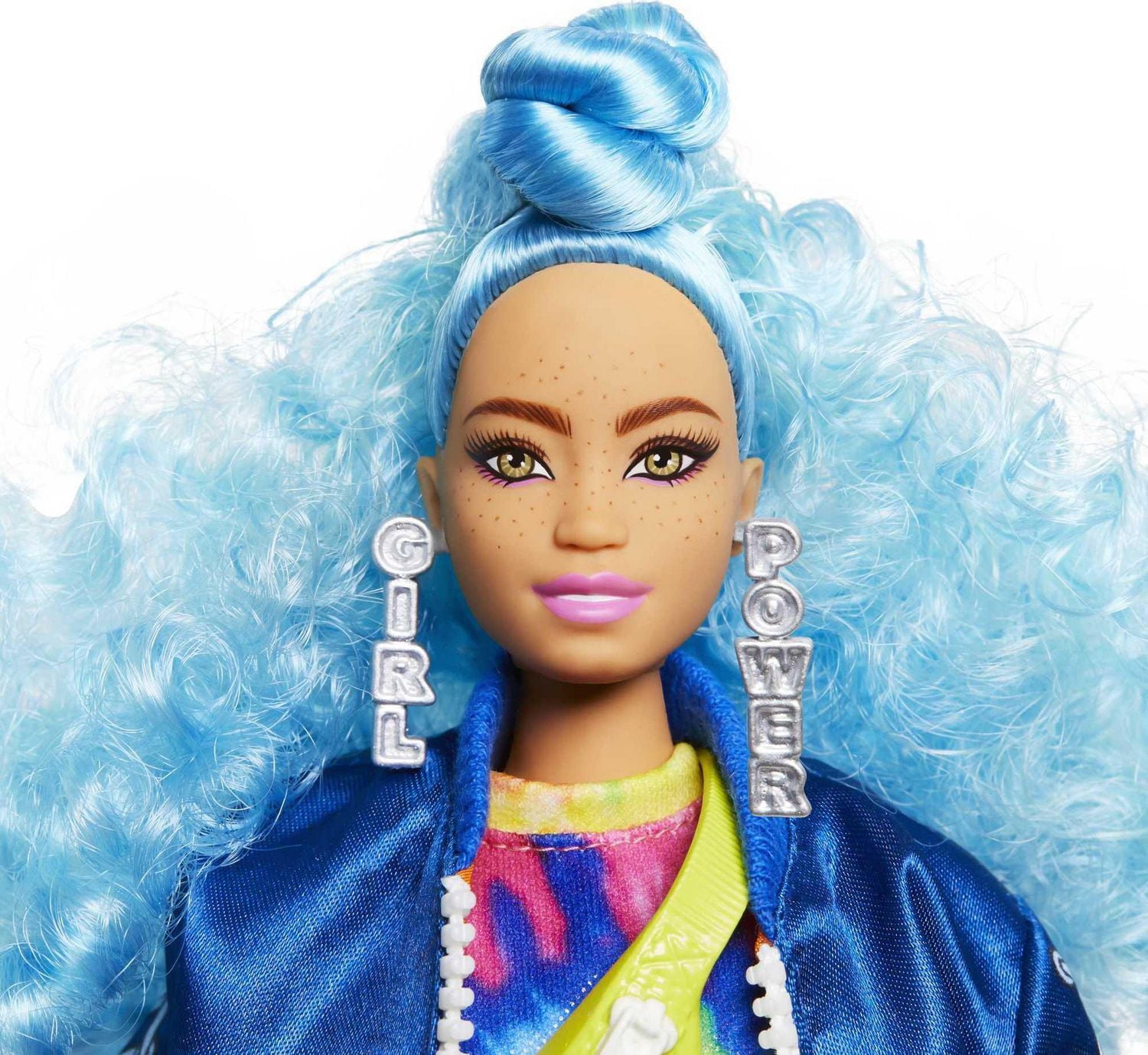 Barbie Extra Doll #4, Curvy, in Zippered Bomber Jacket with 2 Pet Kittens, Extra-Curly Blue Hair, Layered Outfit & Accessories Including Skateboard, Multiple Flexible Joints, Gift for Kids 3 Years Old