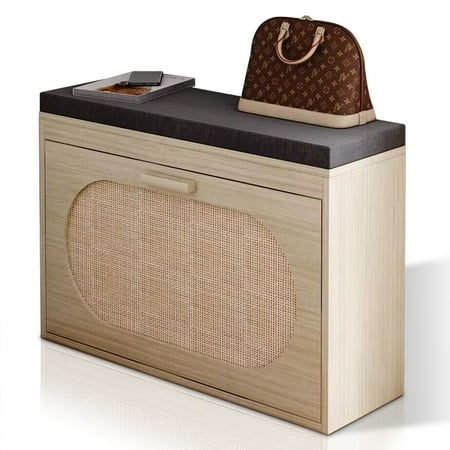 O’Force Entryway Shoe Bench with Shoe Cabinet Rattan Flip Drawer & Padded Seat Cushion, Hallway Storage Bench Shoe Rack Organizer for Bedroom Living Room, Natural