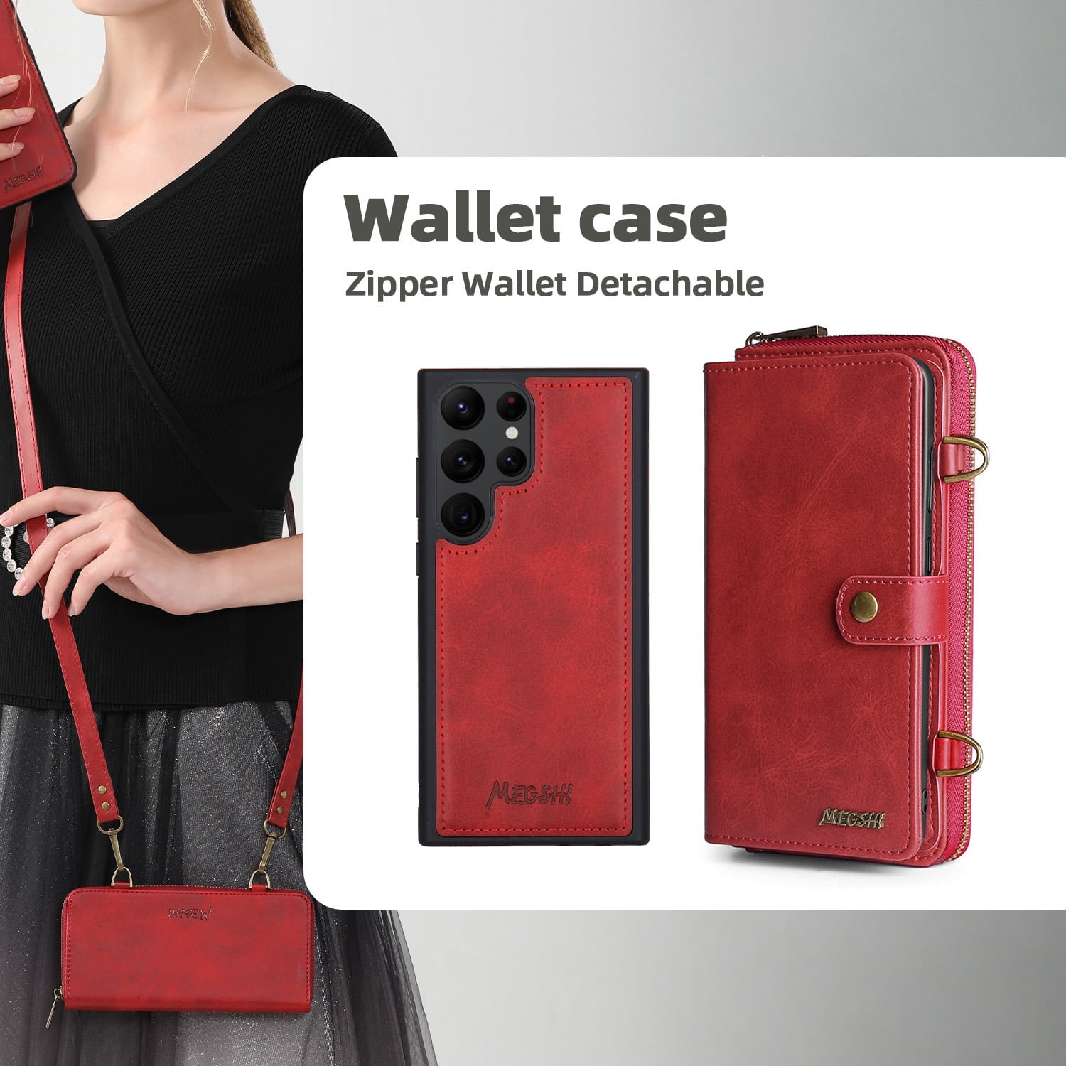 ShieldFlex Wallet Case Compatible with Samsung Galaxy S25 Ultra 5G, 13-Card Holder Soft PU Leather Crossbody Wallet Zipper Pocket Magnetic Detachable Phone Cover Fit for Galaxy S25 Ultra,Red (3 IN 1)
