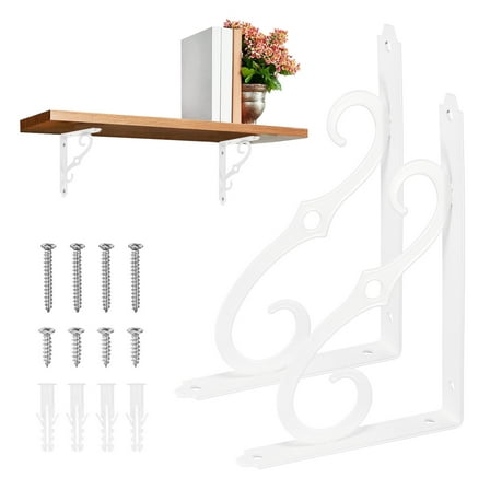 2-Pack Shelf Brackets, 8 Inch Long Iron Wall Mount Shelf Support Bracket for Home/Kitchen/DIY Decorative [White]