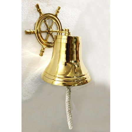 Solid Brass 8.5" Ship Wheel Bell Ring Home Kitchen Outdoor Indoor Door Bell Wall Hanging Home Decorative